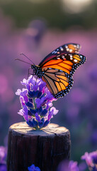 Monarch butterfly resting on a lavender flower; soft, bokeh background