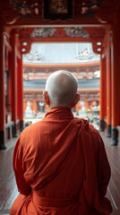 Monk in orange robes views temple architecture with intricate details