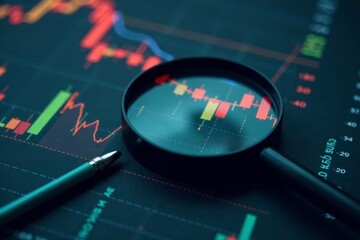 Dark market background with magnifying glass over a sales graph and stock images of office materials, finance, management
