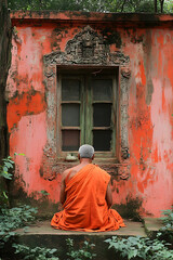 Monk meditates before old window