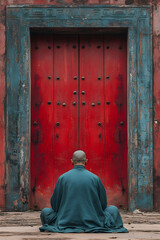 Monk meditating facing red door framed by blue-painted worn structure