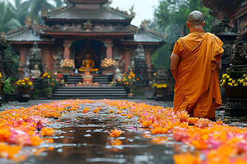 Monk stands before a temple with a petal-covered path in a serene outdoor setting