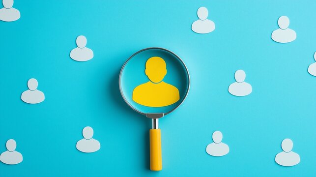 A magnifying glass highlights a yellow figure among white silhouettes, symbolizing focus on individual qualities and the importance of personal identification in a corporate enviro