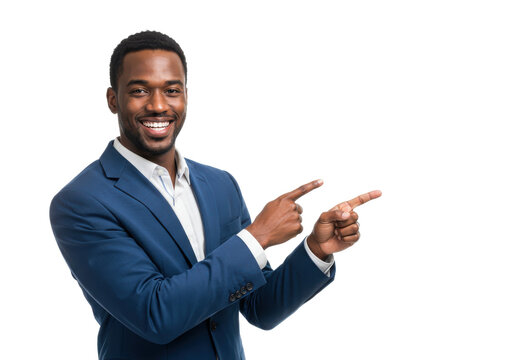 Smiling businessman pointing right with two hands and looking at camera isolated on White background PNG transparent background