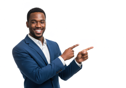 Smiling businessman pointing right with two hands and looking at camera isolated on White background PNG transparent background