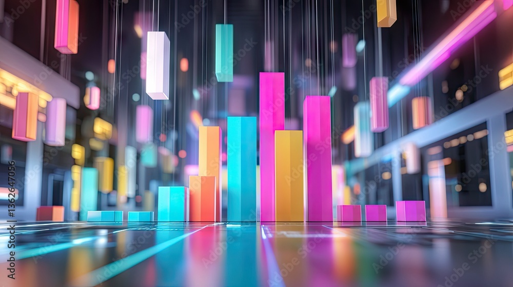 Poster a d-rendered colorful business bar chart floating above a high-tech workspace.