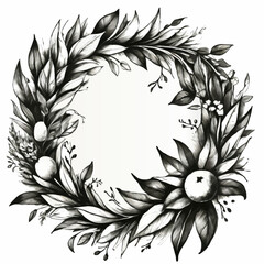 wreath with leaves and apple black and white pencil vector sketch