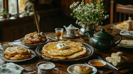 A bountiful breakfast table, radiating warmth and comfort, inviting sharing and connection.