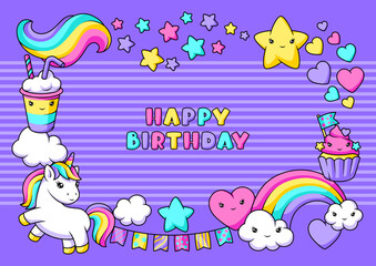 Background with unicorn. Happy birthday party invitation.