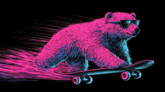 Cool Bear Skateboarding in Neon