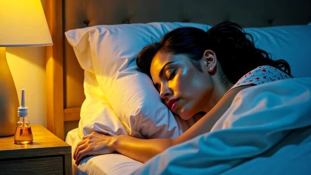 latin woman sleeping in evening bedroom with oil, capsules . Melatonin production, concept of combat sleep disorders, zoom in