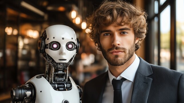 A man in a suit stands next to a humanoid robot, showcasing the blend of human and machine interaction in modern society. The background features a contemporary cafe setting.