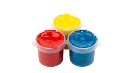 Brightly Colored Paint Pots in Red, Yellow, and Blue Arrangement for Creative Art Projects and Educational Activities in Crafting and Painting Settings
