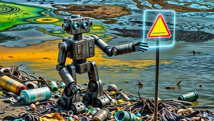 severe pollution with plastic debris and robotic figure highlighting environmental damage for climate change discussions ecological initiatives and educational materials
