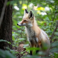 Elegant Red Fox Strolling Through Lush Green Forest Undergrowth