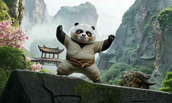 Kung Fu Panda Po's Energetic Pose: The beloved animated panda, Po, strikes a dynamic and powerful martial arts pose on a stone structure against an epic mountain scenery.