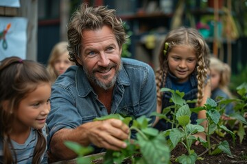 Community gardening day brings together families to teach children about plants and nature in a vibrant outdoor setting