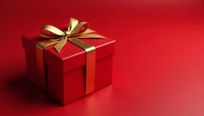 Luxurious red gift box adorned with a golden ribbon bow on a rich red background , Birthday present box, Christmas present box