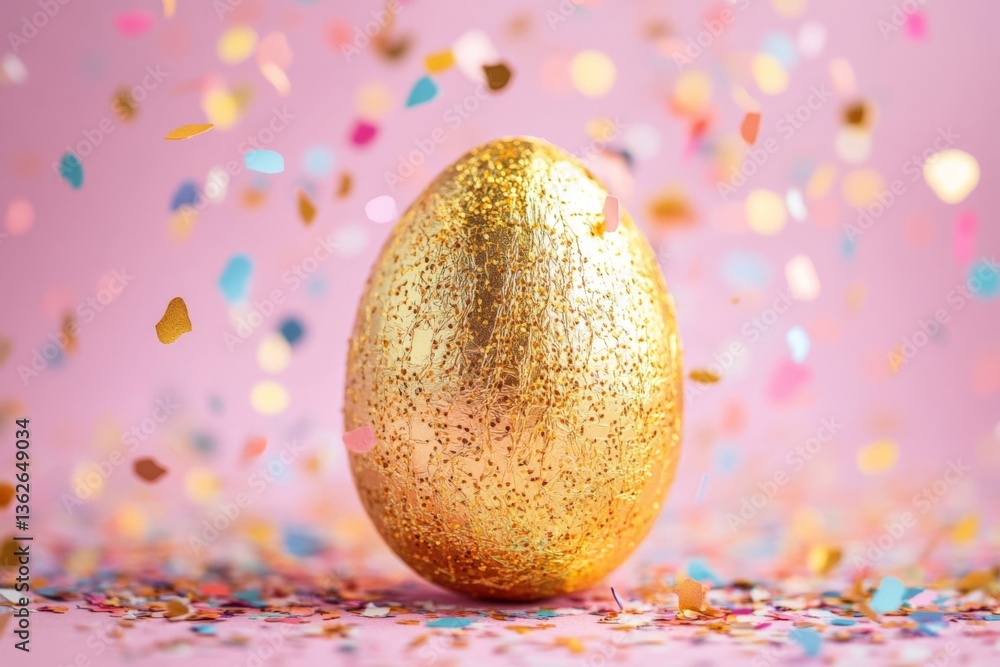 Poster golden egg surrounded by colorful confetti celebrates spring festivities and joy in a vibrant settin