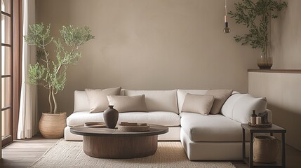 Scandinavian-Style Living Room with White Sofa, Beige Rug, Coffee Table, Cream-Colored Wall, Characterful Painting, Minimalist Yet Inviting Atmosphere, Warm Earthy Tones