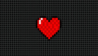 Pixel heart on black background with retro video game aesthetic