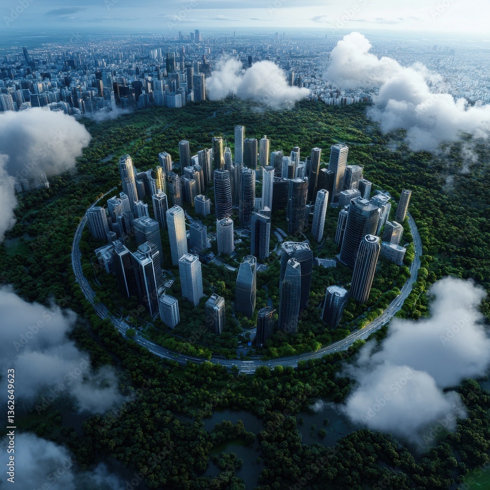 Aufkleber a city is shown in a circular shape with a lot of buildings and trees