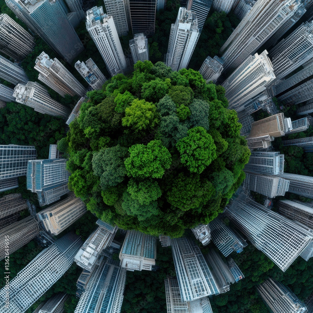 Aufkleber a city with a large green circle of trees in the middle