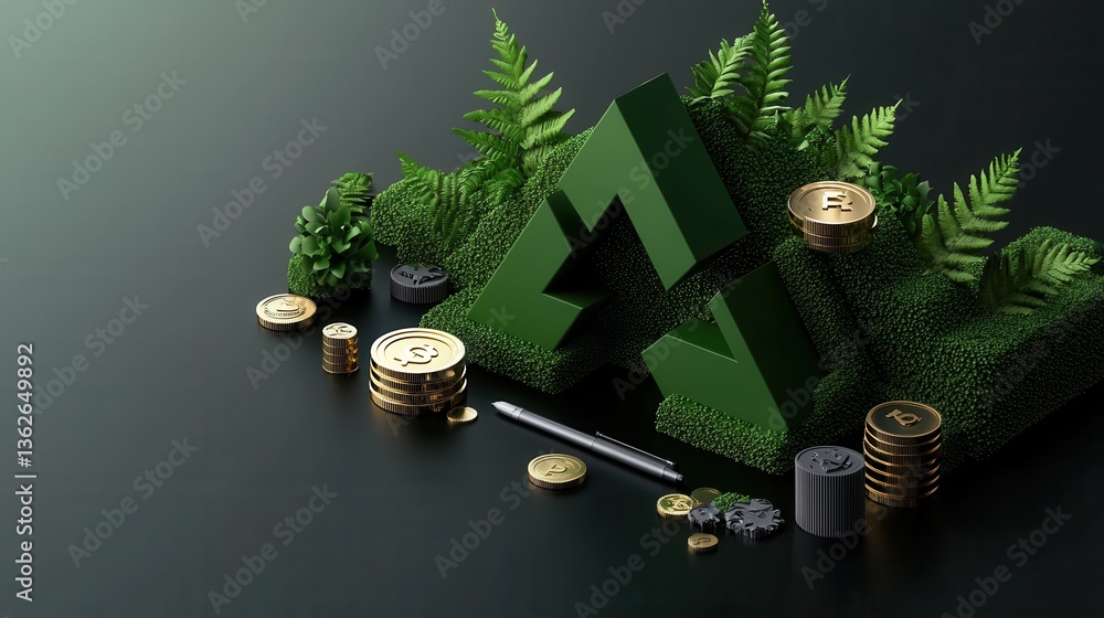 Poster a green triangle with a pen and coins on it