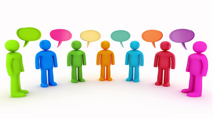 A group of people are standing around talking to each other. The people are of different colors and sizes. Scene is friendly and social