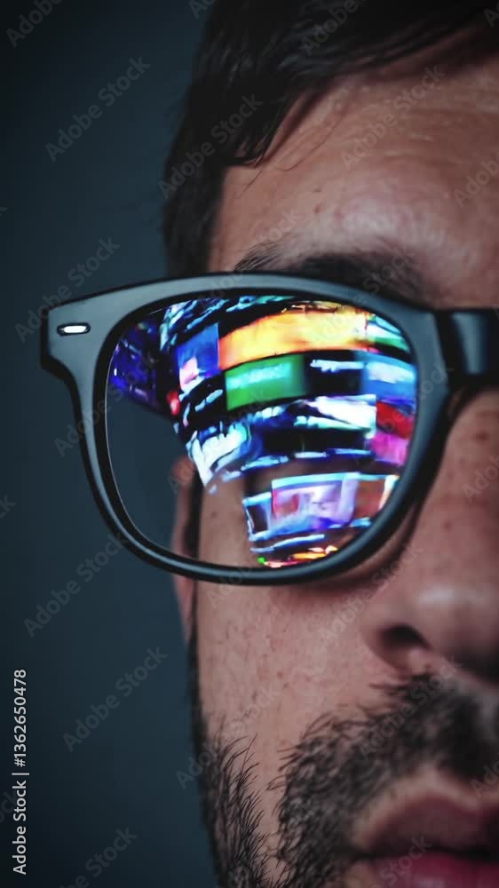 Poster close-up of glasses reflecting dozens of bright digital thumbnails as a person browses screen conten