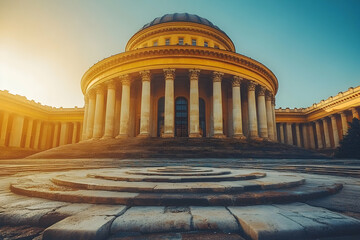 Monumental, neoclassical building with columns and dome at sunrise