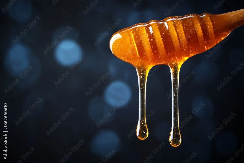 Poster Honey drips from a wooden spoon against a blurred dark background highlighting its rich texture and color