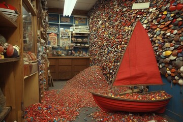 Colorful Room Filled with Beach Pebbles and Red Sailboat Display