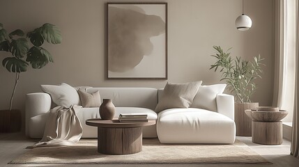 A living room with a white sofa, beige rug, and coffee table against a wall painted in a plain cream color. A painting hangs on the left side of the space, adding character to its design