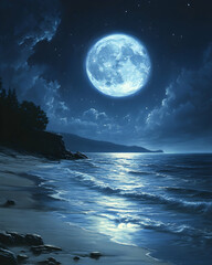 Moonlight on the ocean reflects onto a sandy beach beneath a starry sky