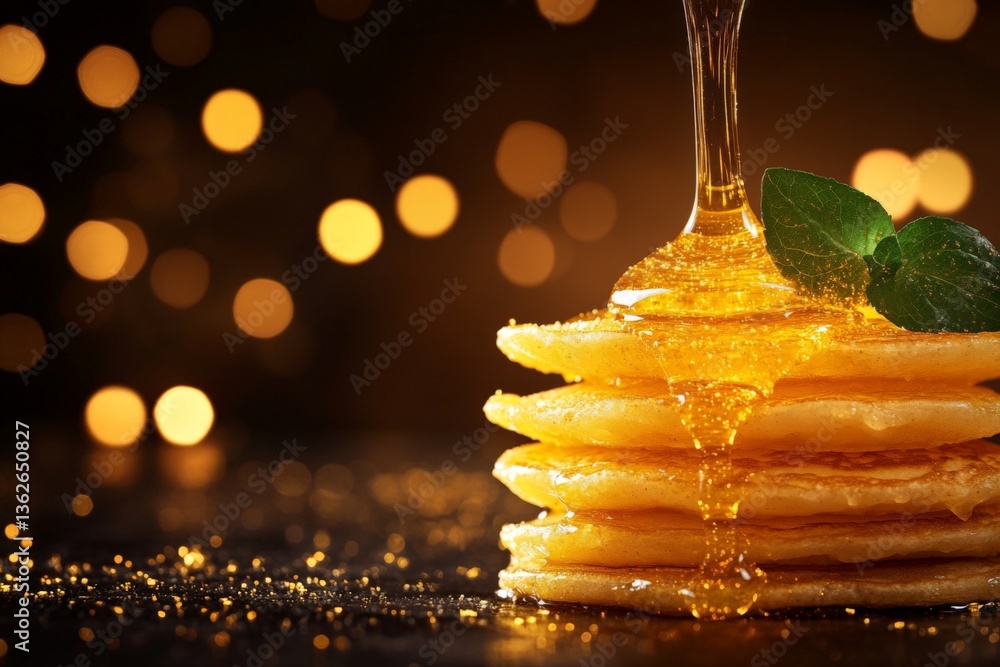 Poster delicious stack of pancakes drizzled with honey and garnished with mint in a cozy setting