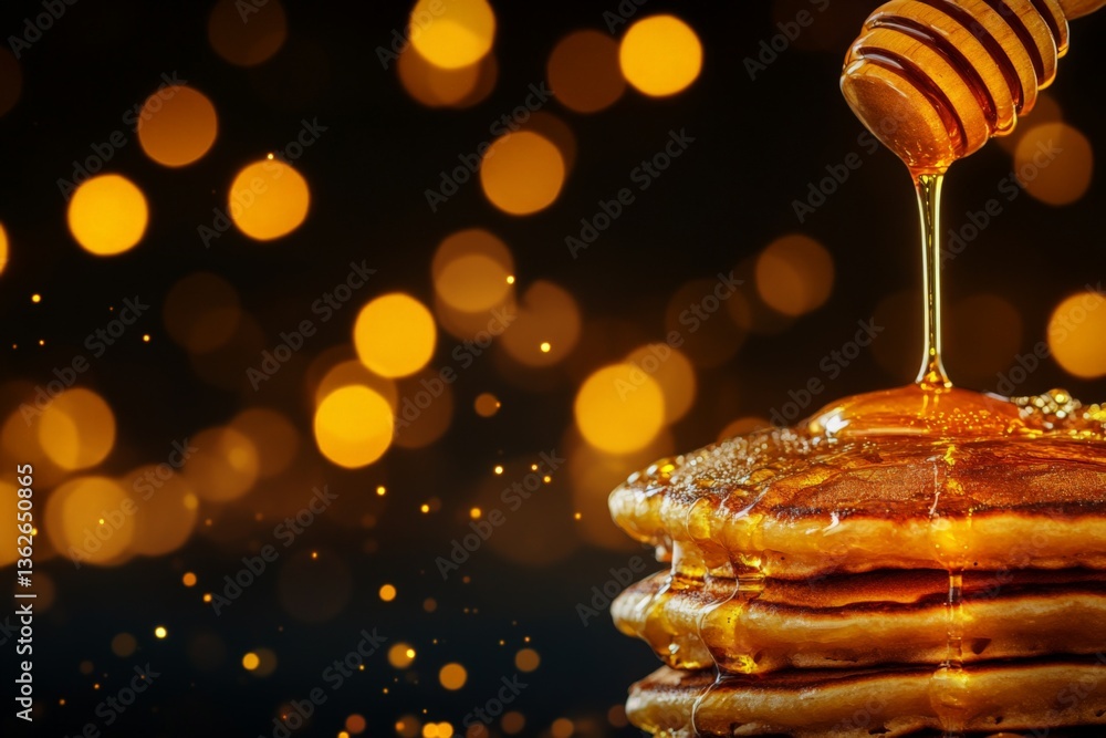 Poster golden syrup drizzling over fluffy pancakes with a festive bokeh background in a cozy setting