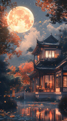 Moonlit pagoda view reflecting in water