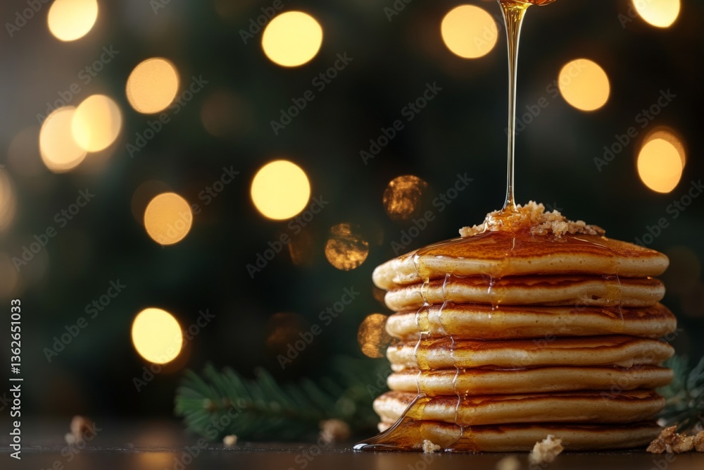 Aufkleber Delicious stack of pancakes drizzled with syrup and adorned with festive bokeh lights