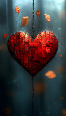 Mosaic heart against dark background with scattered leaves