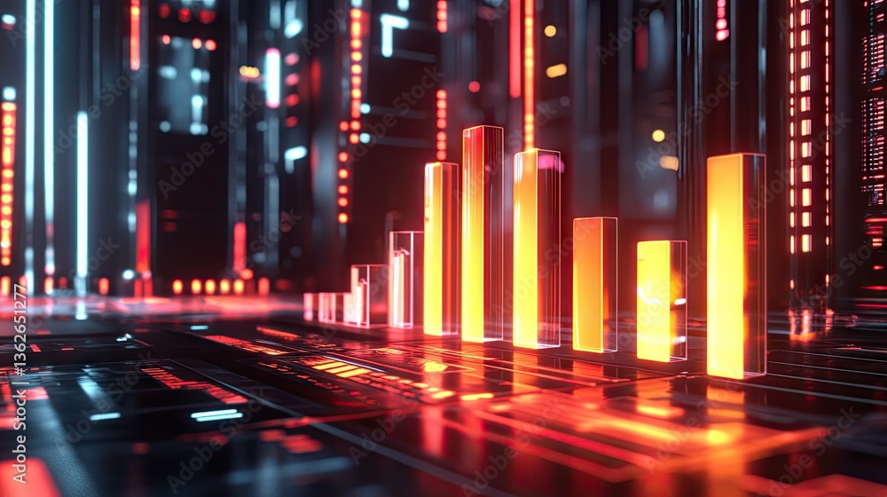 Aufkleber a corporate bar chart glowing on a high-tech digital dashboard in a futuristic setting.