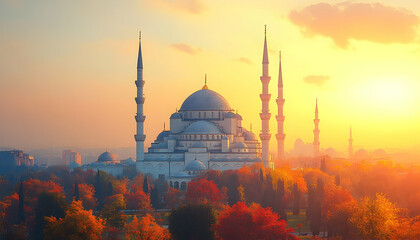 Mosque and minarets stand above autumn foliage, lit by a beautiful sunset