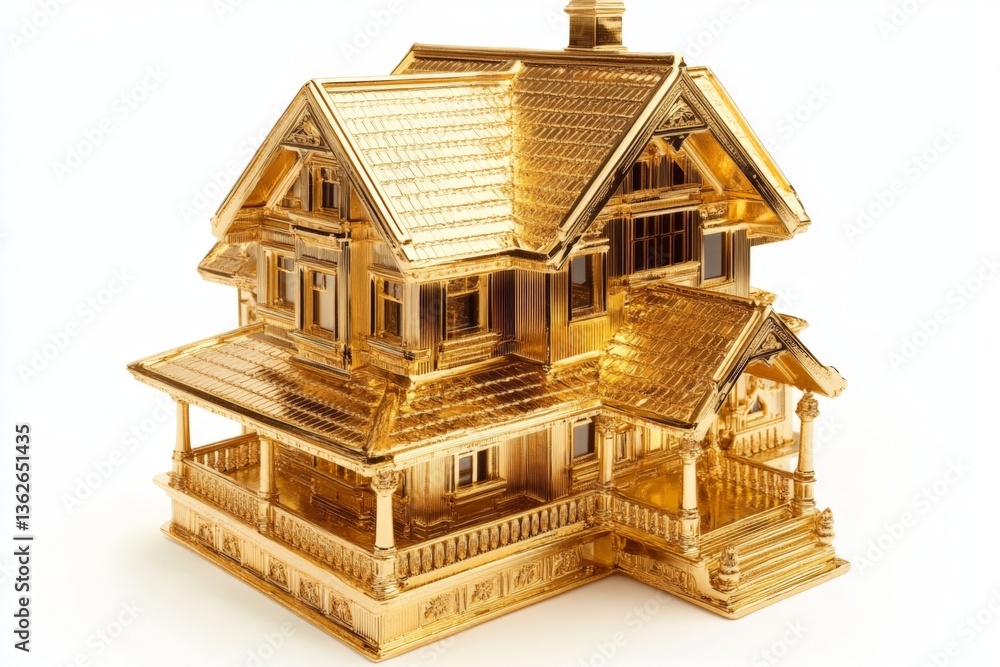 Poster Miniature golden house model displaying intricate architectural details and a shiny finish in a bright setting