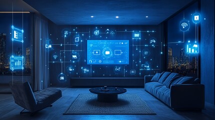 Modern living room with digital interface and smart technology features.