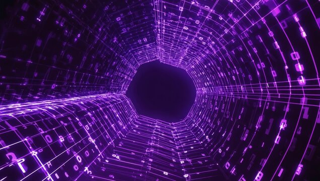Digital tunnel of glowing purple code