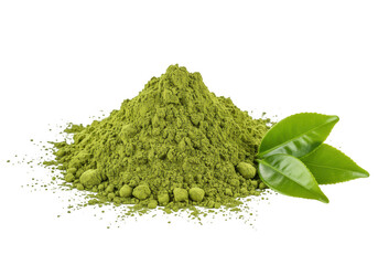 A neat mound of fine green matcha powder with fresh green tea leaves isolated on transparent background