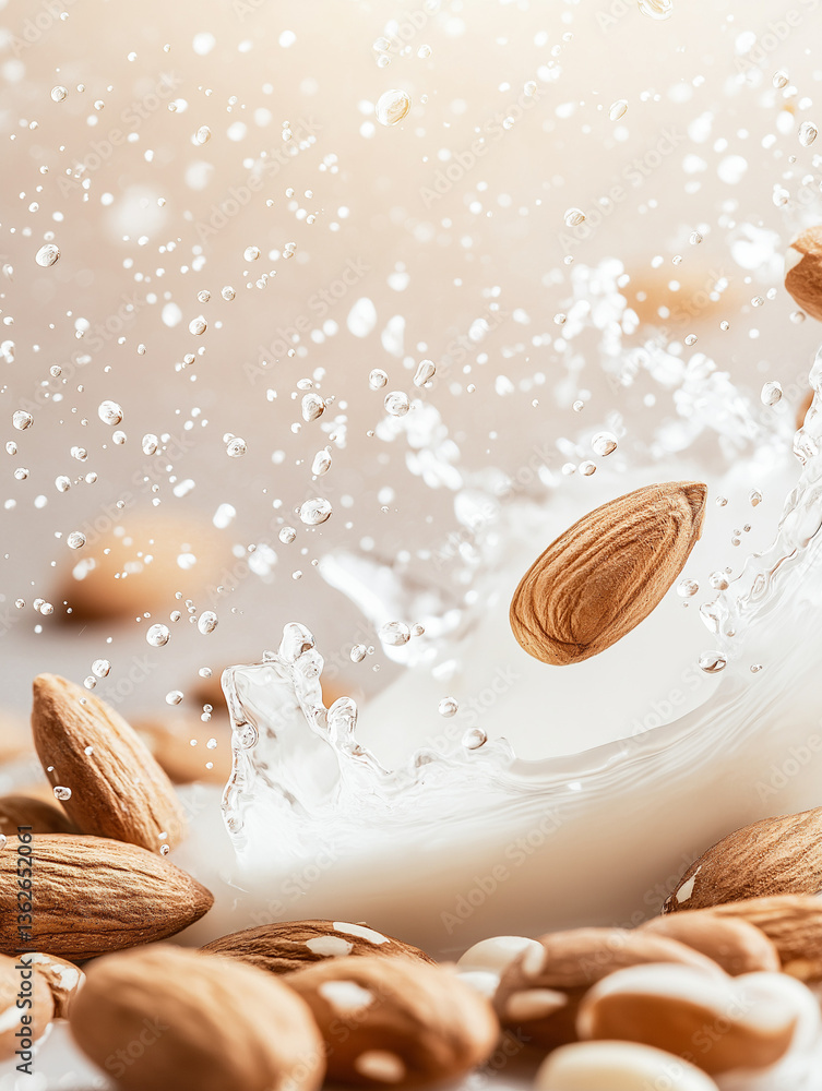 Poster almond symphony: an artistic capture of almonds amidst a splash of liquid, creating a harmonious dis