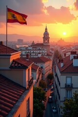 Timeshare property in Madrid with Spanish flag waving on roof, overlooking cityscape at sunset , Europe, timeshare