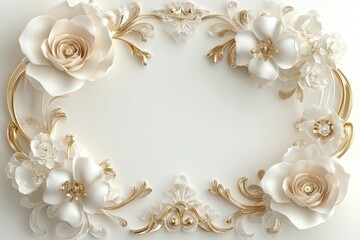 3D large pure flowers with gold leaves on beige background	