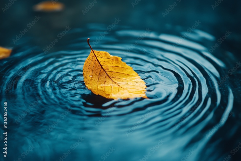 Poster Golden leaf floating on water creating ripples in a serene environment during early autumn